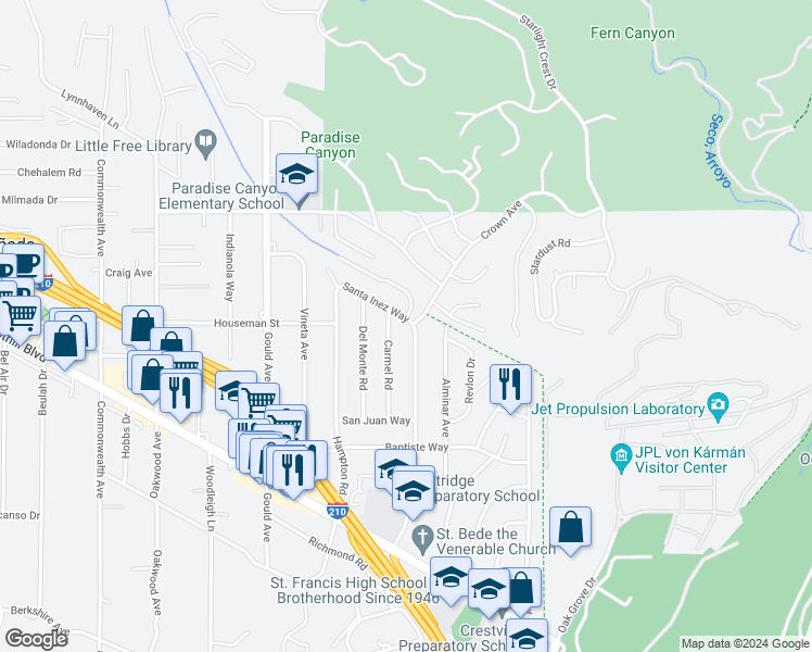 map of restaurants, bars, coffee shops, grocery stores, and more near 310 Santa Inez Way in La Cañada Flintridge