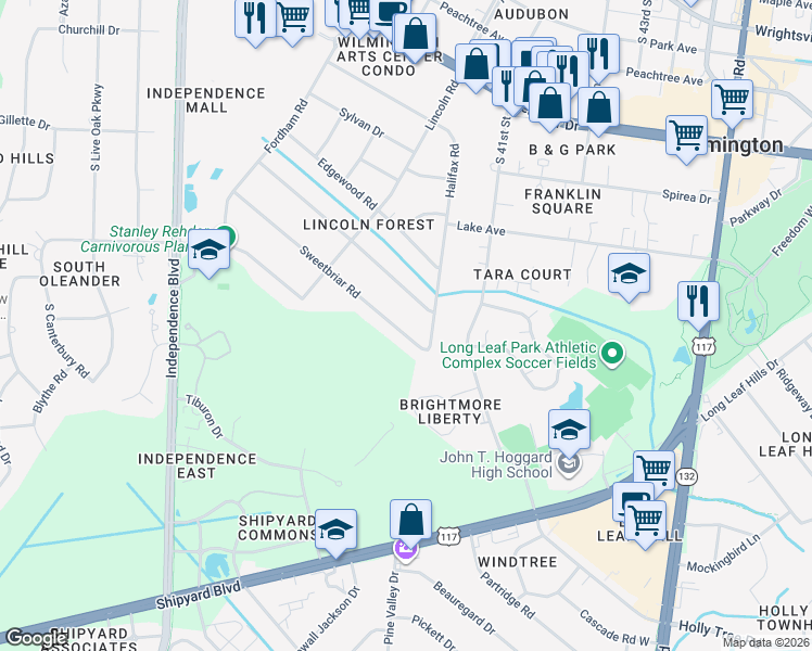 map of restaurants, bars, coffee shops, grocery stores, and more near 3945 Sweetbriar Road in Wilmington