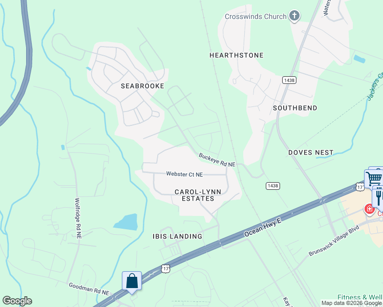map of restaurants, bars, coffee shops, grocery stores, and more near 269 Buckeye Road Northeast in Leland