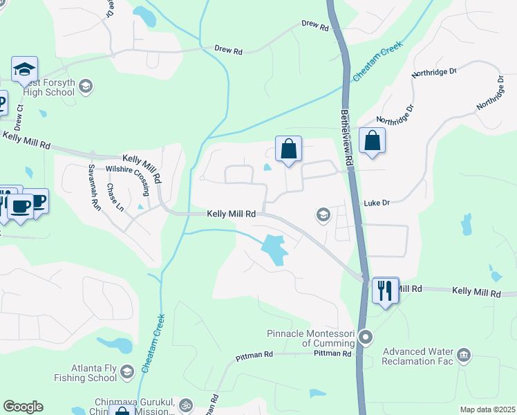 map of restaurants, bars, coffee shops, grocery stores, and more near 4495 Westgate Drive in Cumming