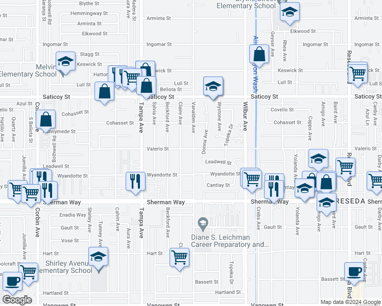 map of restaurants, bars, coffee shops, grocery stores, and more near 7353 Vanalden Avenue in Los Angeles