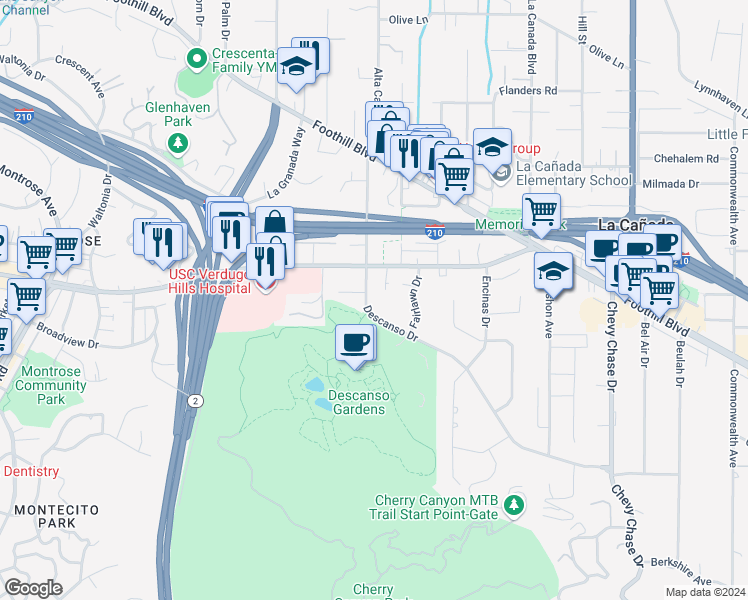 map of restaurants, bars, coffee shops, grocery stores, and more near 1515 Descanso Drive in La Cañada Flintridge