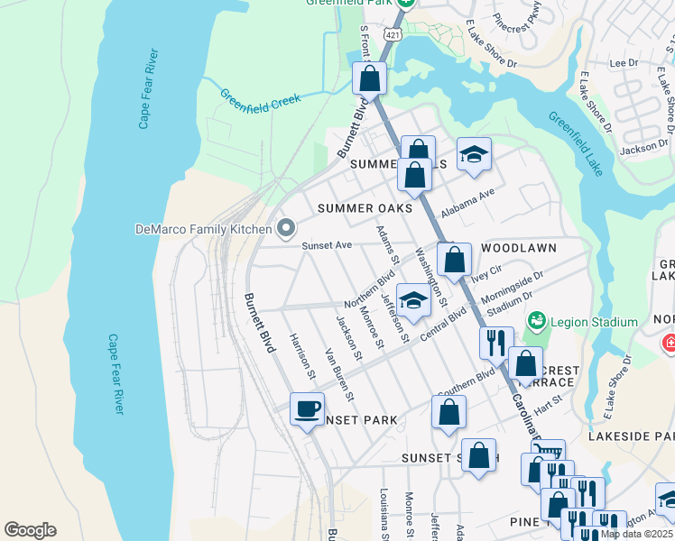 map of restaurants, bars, coffee shops, grocery stores, and more near 1928 Monroe St in Wilmington