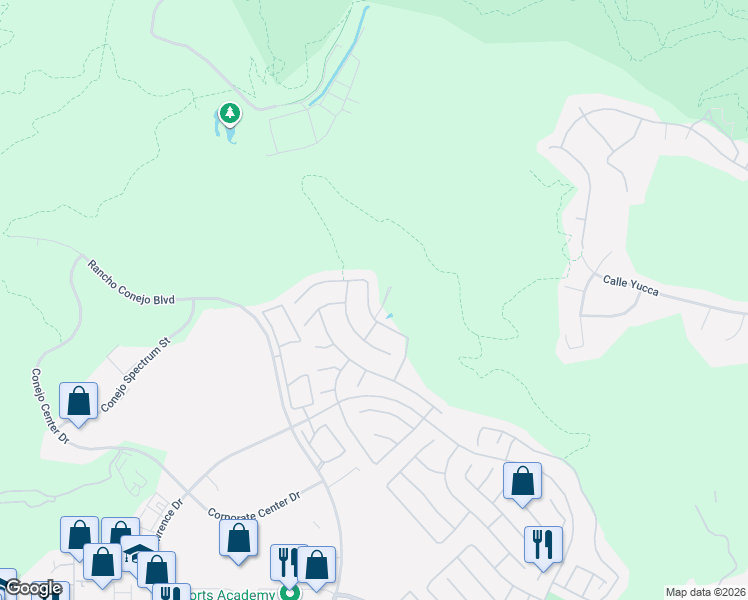 map of restaurants, bars, coffee shops, grocery stores, and more near 1943 Roadrunner Avenue in Thousand Oaks