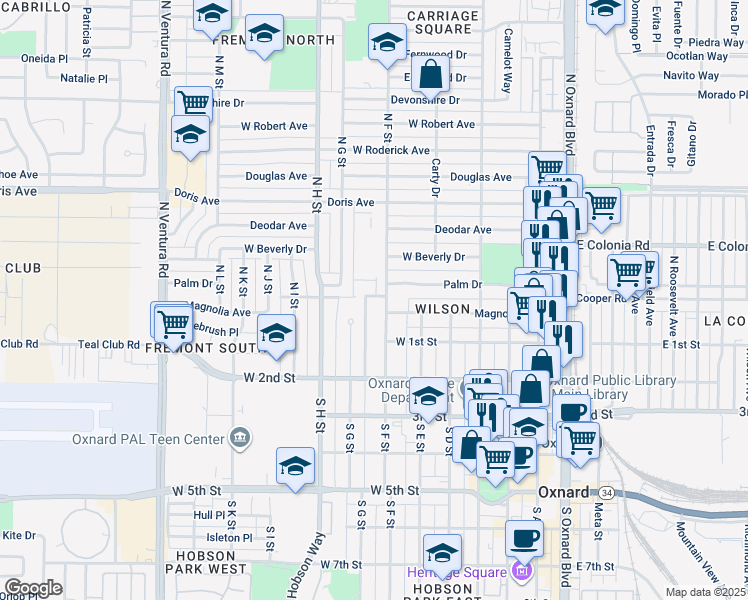 map of restaurants, bars, coffee shops, grocery stores, and more near 219 North F Street in Oxnard