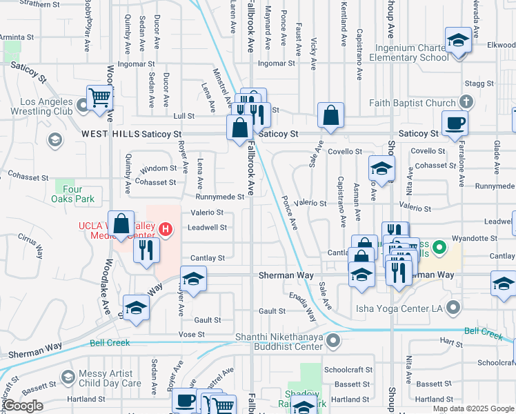 map of restaurants, bars, coffee shops, grocery stores, and more near 7358 Fallbrook Avenue in Los Angeles