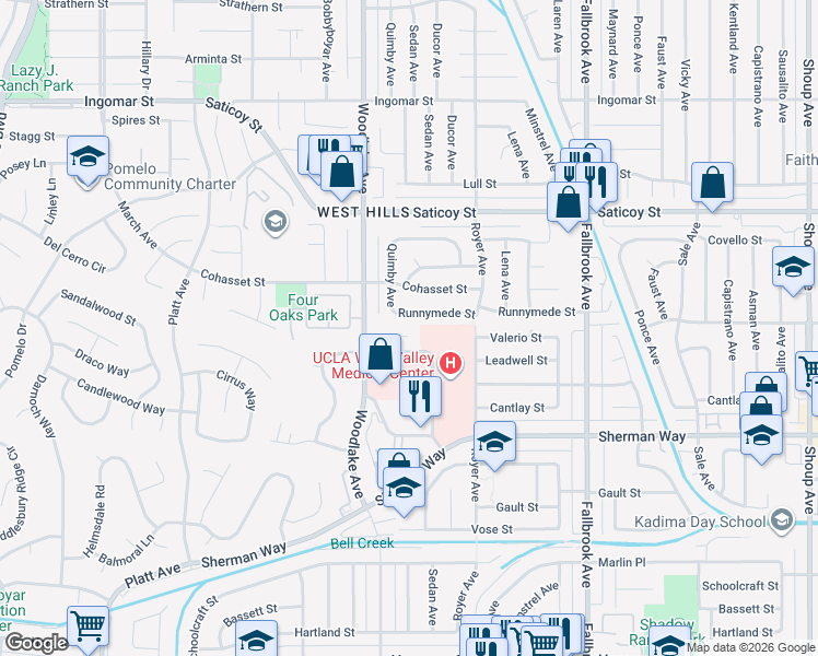 map of restaurants, bars, coffee shops, grocery stores, and more near 23113 Valerio Street in Los Angeles