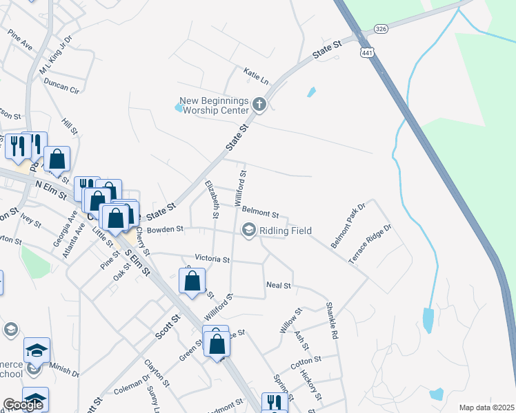 map of restaurants, bars, coffee shops, grocery stores, and more near 726 Belmont Street in Commerce