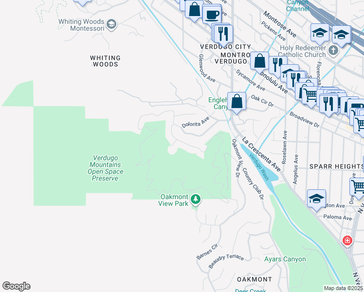 map of restaurants, bars, coffee shops, grocery stores, and more near 3626 Emanuel Drive in Glendale