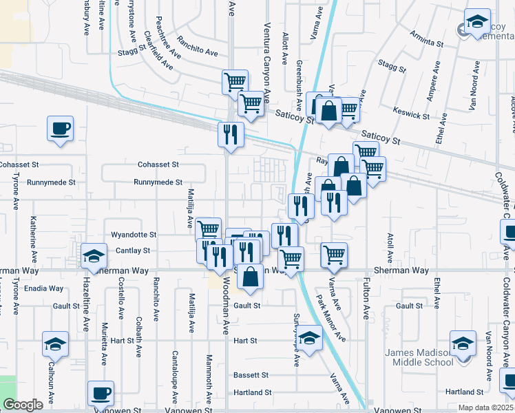 map of restaurants, bars, coffee shops, grocery stores, and more near 13610 Valerio Street in Los Angeles