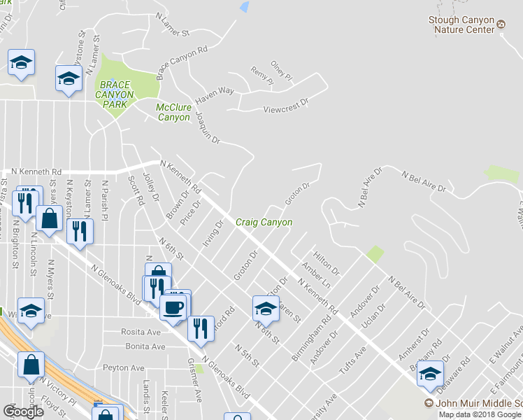 map of restaurants, bars, coffee shops, grocery stores, and more near 837 Stephen Road in Burbank