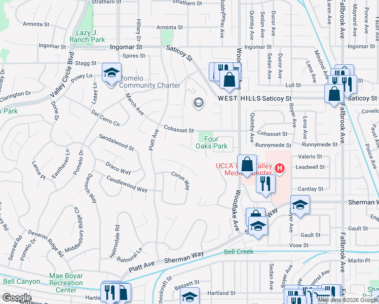 map of restaurants, bars, coffee shops, grocery stores, and more near 23280 Valerio Street in Los Angeles