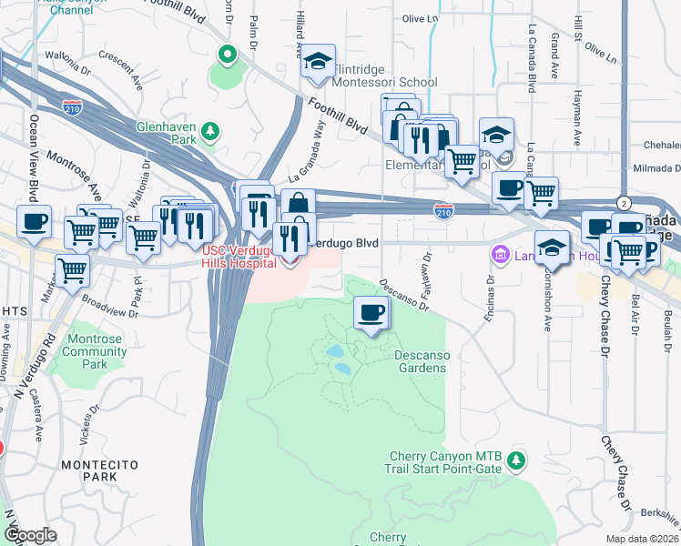 map of restaurants, bars, coffee shops, grocery stores, and more near 4120 Lenzgrove Lane in La Cañada Flintridge