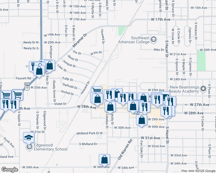 map of restaurants, bars, coffee shops, grocery stores, and more near 2500 South Catalpa Street in Pine Bluff