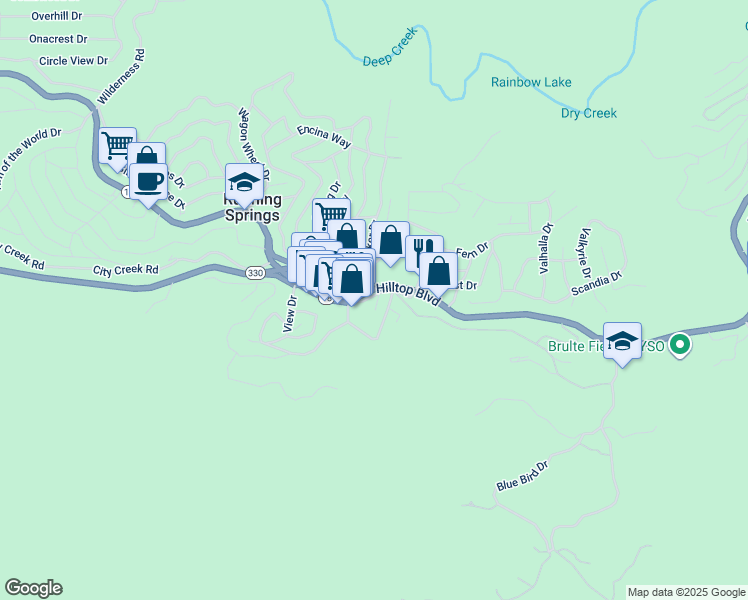 map of restaurants, bars, coffee shops, grocery stores, and more near 32075 Hilltop Boulevard in Running Springs