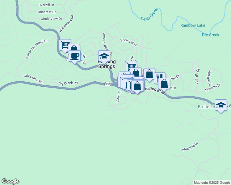 map of restaurants, bars, coffee shops, grocery stores, and more near 2707 Preston Drive in Running Springs
