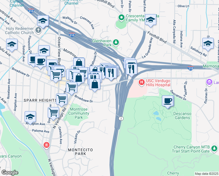map of restaurants, bars, coffee shops, grocery stores, and more near 3644 Stancrest Drive in Glendale