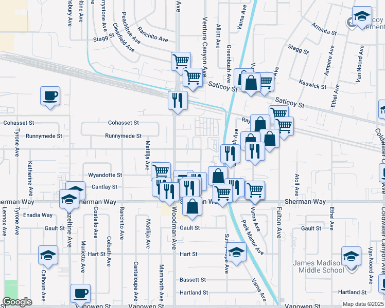 map of restaurants, bars, coffee shops, grocery stores, and more near 13610 Valerio Street in Los Angeles