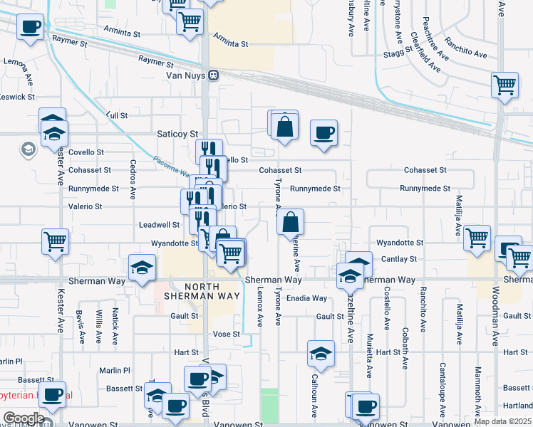 map of restaurants, bars, coffee shops, grocery stores, and more near 14306 Valerio Street in Los Angeles