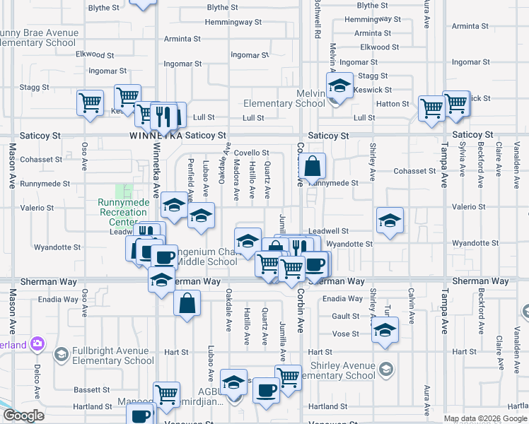 map of restaurants, bars, coffee shops, grocery stores, and more near 19810 Valerio Street in Los Angeles