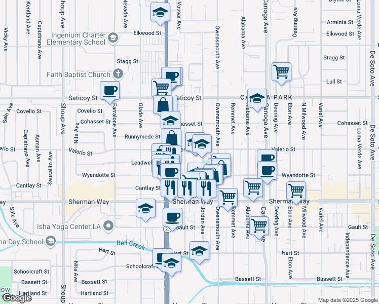 map of restaurants, bars, coffee shops, grocery stores, and more near 7357 Jordan Avenue in Los Angeles