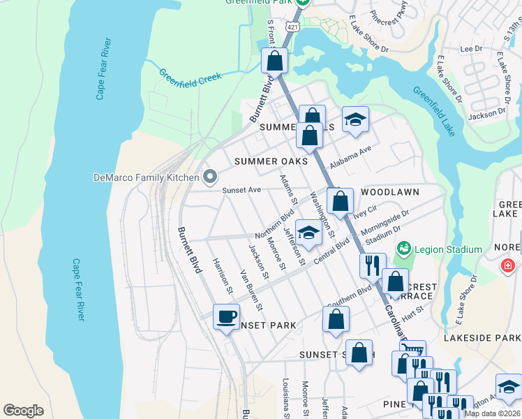 map of restaurants, bars, coffee shops, grocery stores, and more near 1928 Monroe Street in Wilmington