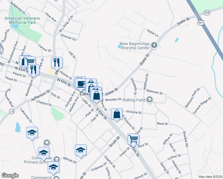 map of restaurants, bars, coffee shops, grocery stores, and more near 209 State Street in Commerce
