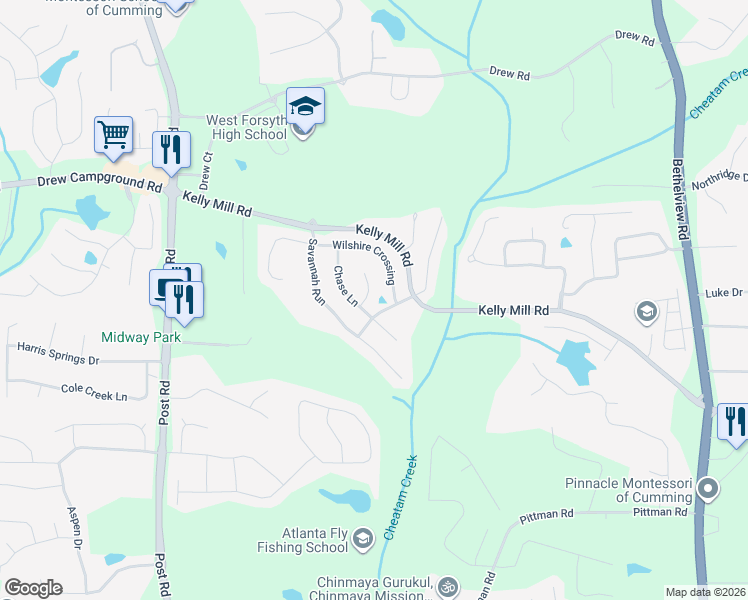 map of restaurants, bars, coffee shops, grocery stores, and more near 5010 Lloyd Lane in Cumming