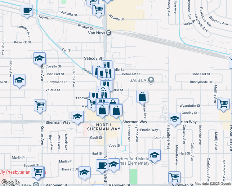 map of restaurants, bars, coffee shops, grocery stores, and more near 14420 Valerio Street in Los Angeles