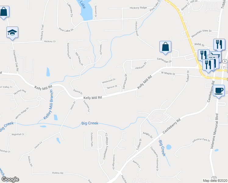 map of restaurants, bars, coffee shops, grocery stores, and more near 105 Pine Forest Dr in Cumming