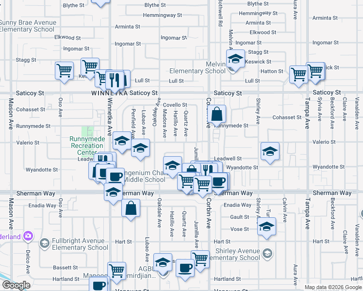 map of restaurants, bars, coffee shops, grocery stores, and more near 19810 Valerio Street in Los Angeles
