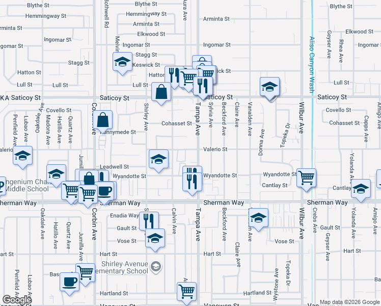 map of restaurants, bars, coffee shops, grocery stores, and more near 19314 Valerio Street in Los Angeles