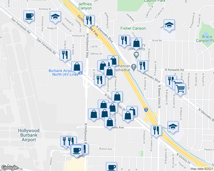 map of restaurants, bars, coffee shops, grocery stores, and more near 3041 North California Street in Burbank
