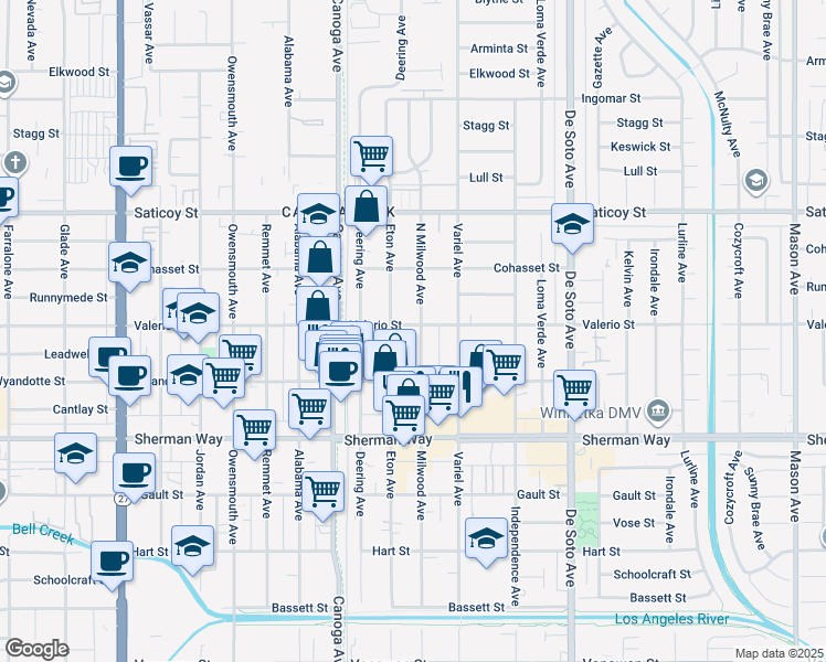 map of restaurants, bars, coffee shops, grocery stores, and more near 7357 Milwood Avenue in Los Angeles