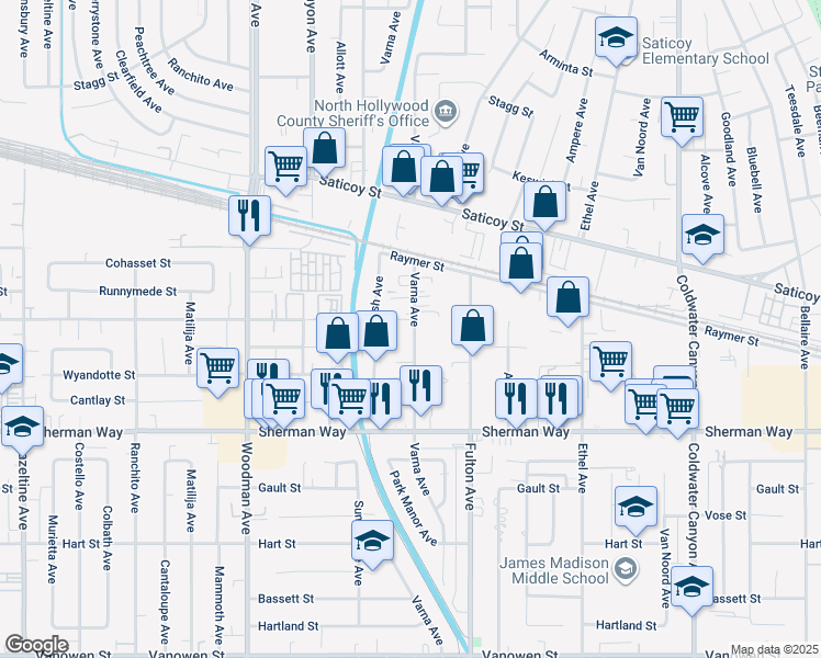 map of restaurants, bars, coffee shops, grocery stores, and more near 7349 Varna Avenue in Los Angeles