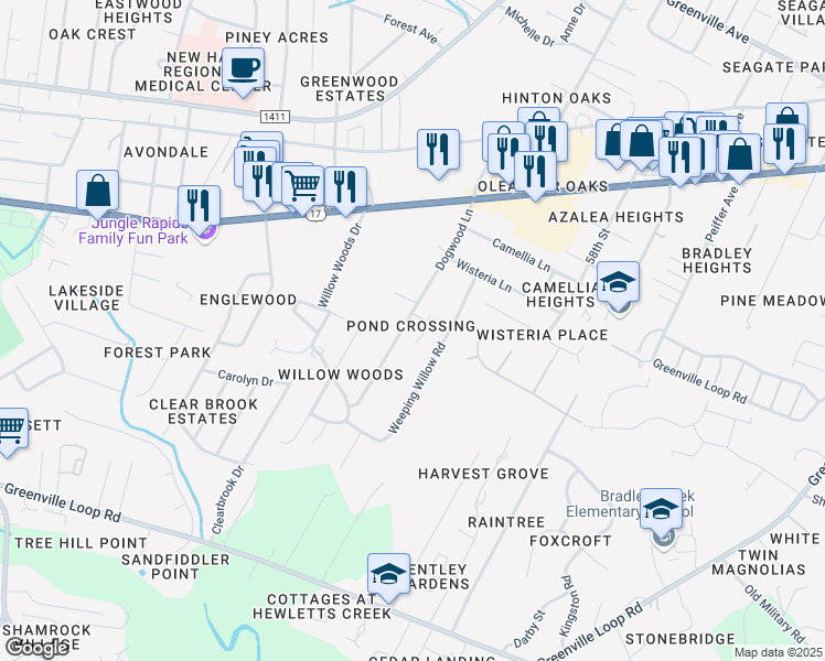 map of restaurants, bars, coffee shops, grocery stores, and more near 5518 Plover Court in Wilmington