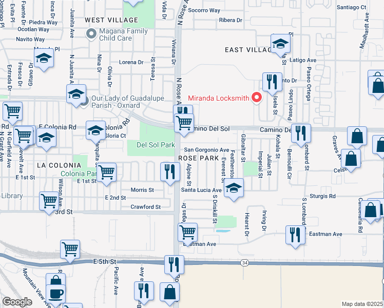 map of restaurants, bars, coffee shops, grocery stores, and more near 330 Alpine Street in Oxnard