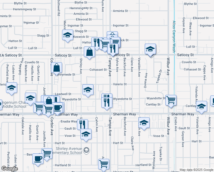 map of restaurants, bars, coffee shops, grocery stores, and more near 19308 Valerio St in Los Angeles