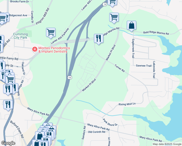 map of restaurants, bars, coffee shops, grocery stores, and more near 1222 Waterfall Court in Cumming