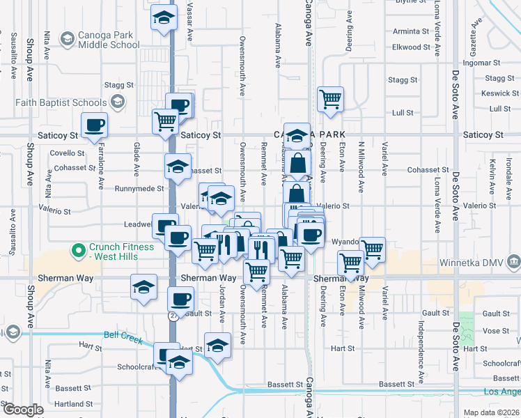 map of restaurants, bars, coffee shops, grocery stores, and more near 7359 Remmet Avenue in Los Angeles