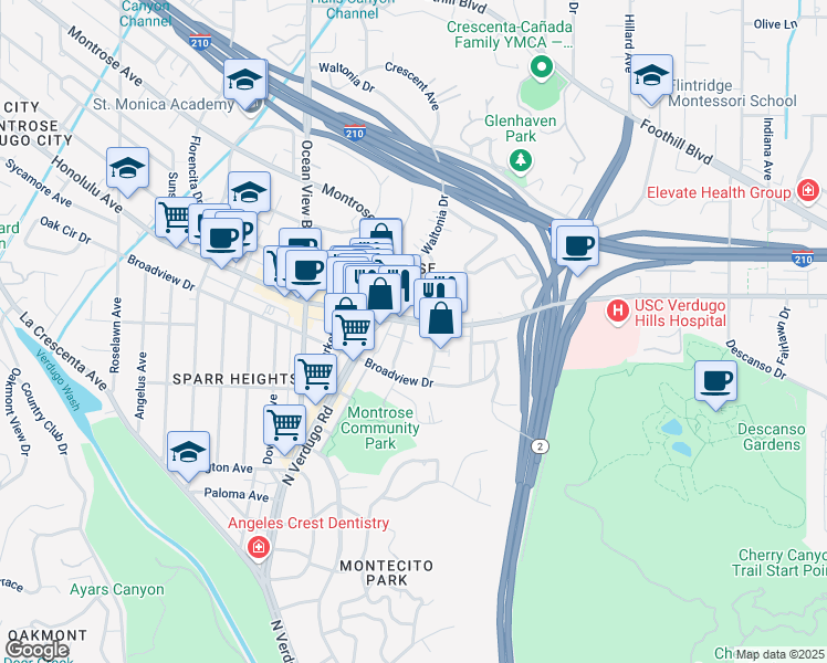 map of restaurants, bars, coffee shops, grocery stores, and more near 2114 North Verdugo Road in Glendale