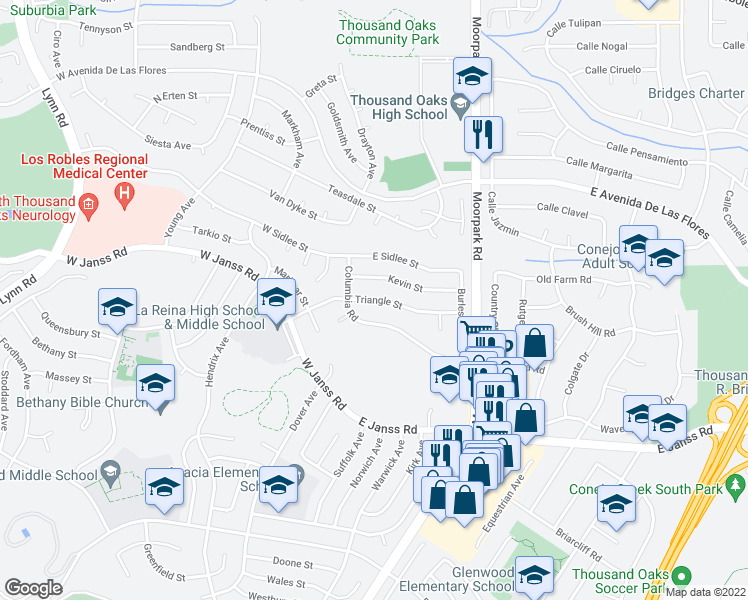 map of restaurants, bars, coffee shops, grocery stores, and more near Triangle Street in Thousand Oaks