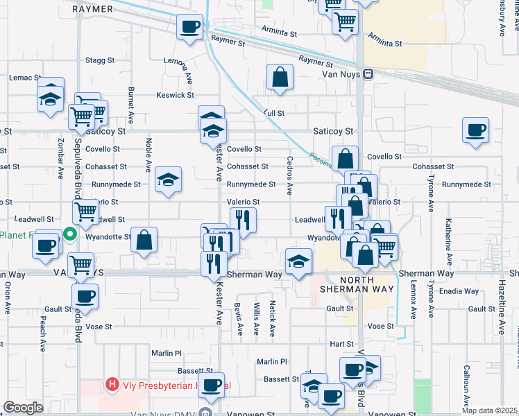map of restaurants, bars, coffee shops, grocery stores, and more near 14760 Valerio St in Los Angeles
