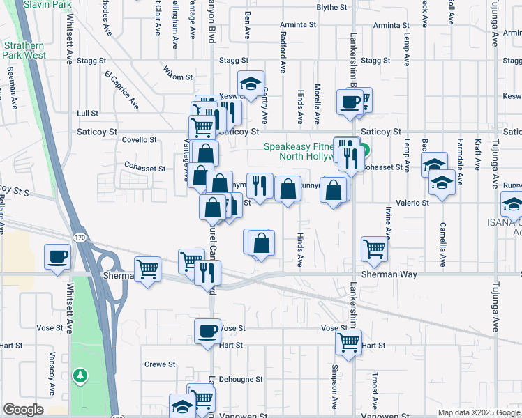 map of restaurants, bars, coffee shops, grocery stores, and more near 11936 Valerio Street in Los Angeles