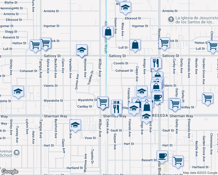 map of restaurants, bars, coffee shops, grocery stores, and more near 18822 Valerio Street in Los Angeles