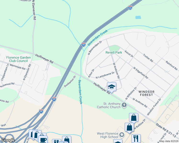 map of restaurants, bars, coffee shops, grocery stores, and more near 516 North Beaverdam Drive in Florence