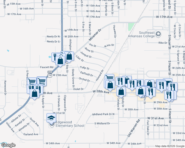 map of restaurants, bars, coffee shops, grocery stores, and more near 3203 Daffodil Drive in Pine Bluff