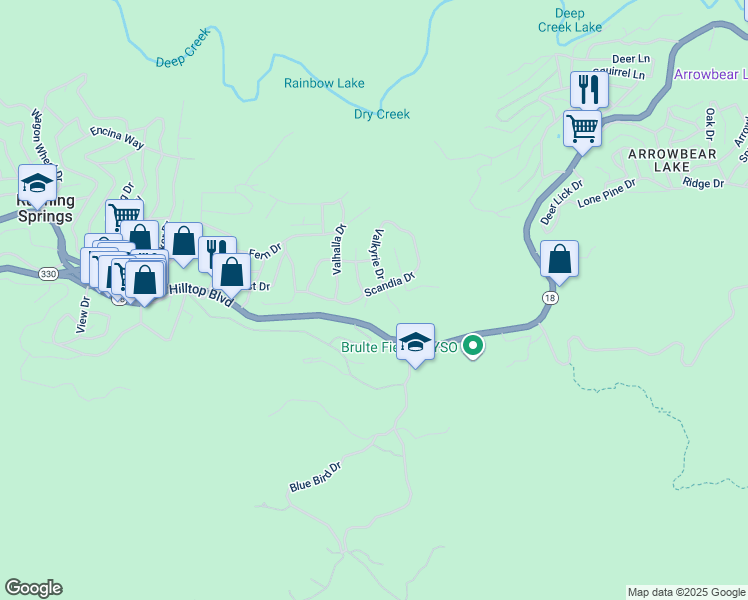 map of restaurants, bars, coffee shops, grocery stores, and more near 32455 Scandia Drive in Running Springs