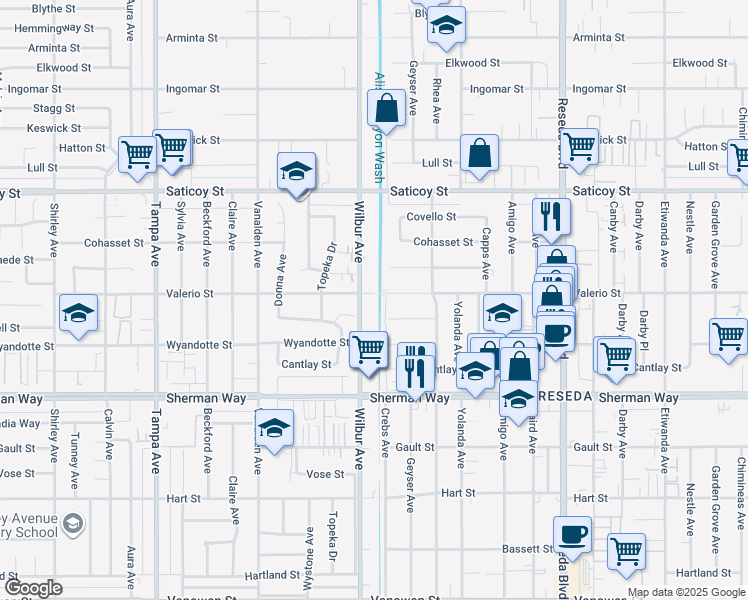 map of restaurants, bars, coffee shops, grocery stores, and more near 18848 Valerio Street in Los Angeles