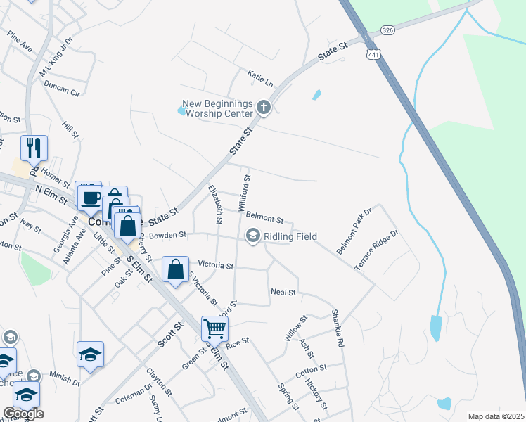 map of restaurants, bars, coffee shops, grocery stores, and more near 726 Belmont Street in Commerce